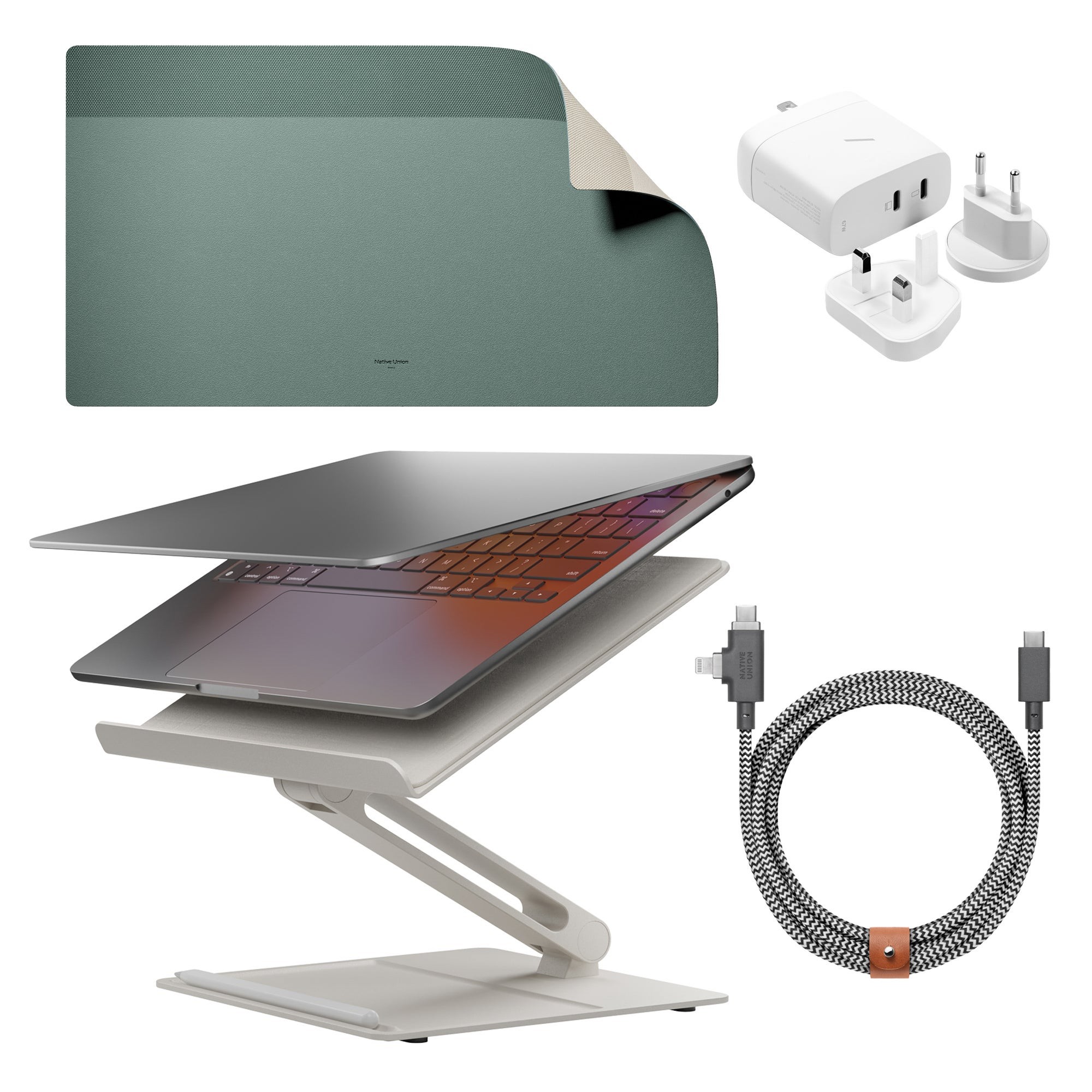 Home Desk Bundle w/ Laptop Stand Mat GaN Charger Belt Duo Cable - Sandstone