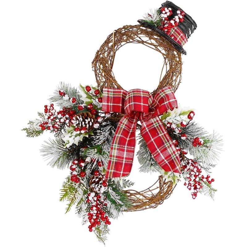 22-inch Grapevine Snowman Wreath with Berries, Pine Branches, Burlap Bow