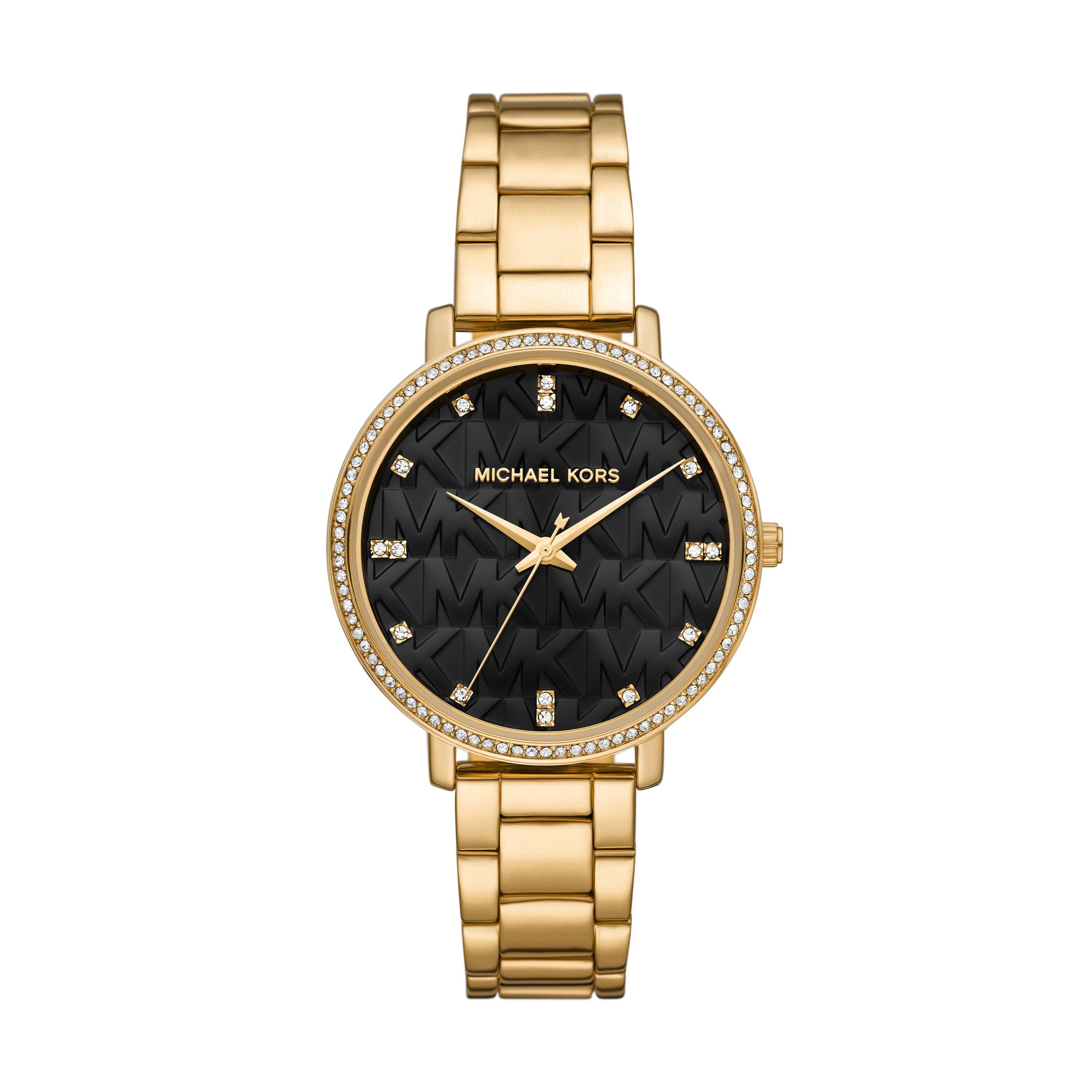 Ladies Pyper Gold-Tone Stainless Steel Crystal Watch Black Dial