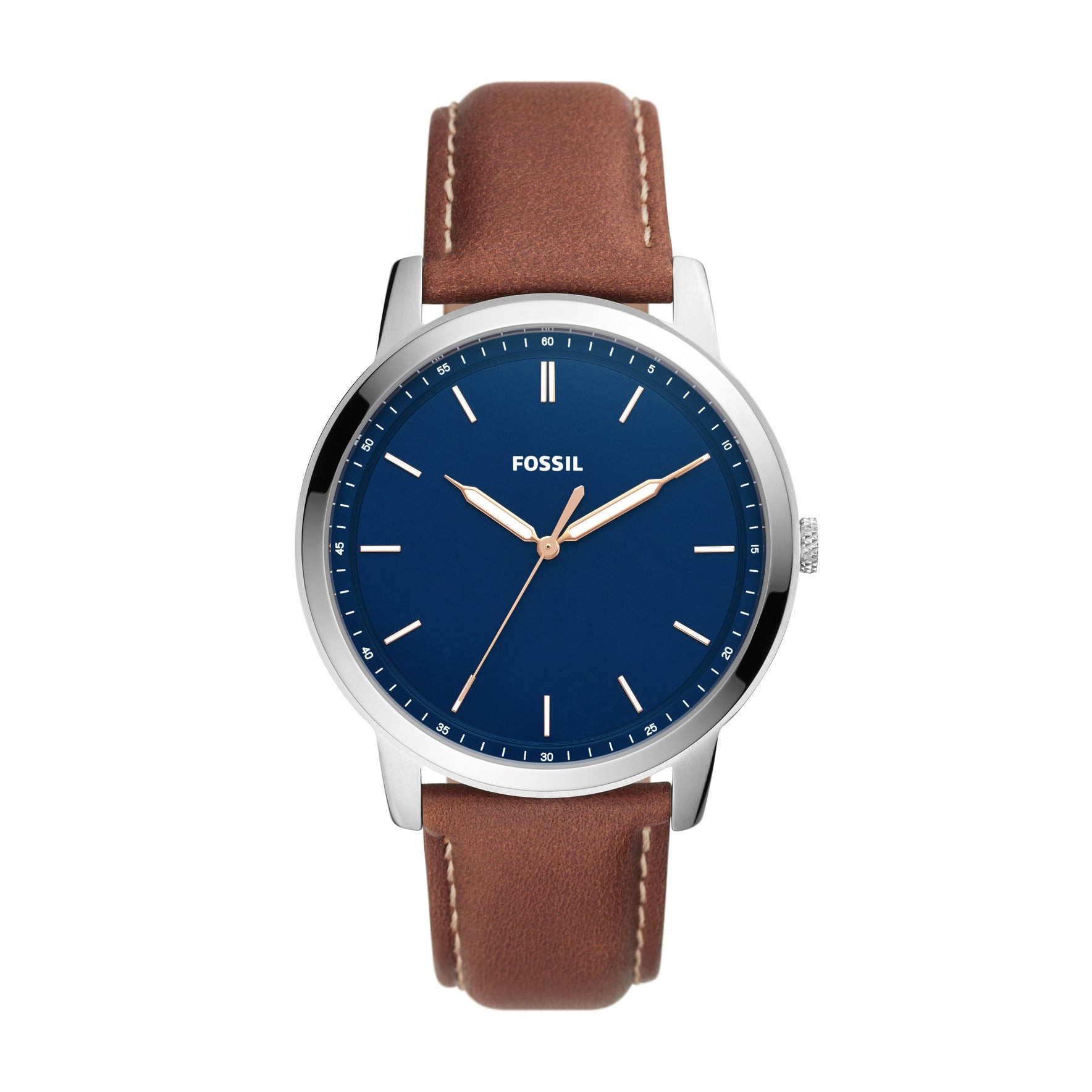 Mens Brown Leather Strap Watch Blue Dial - English