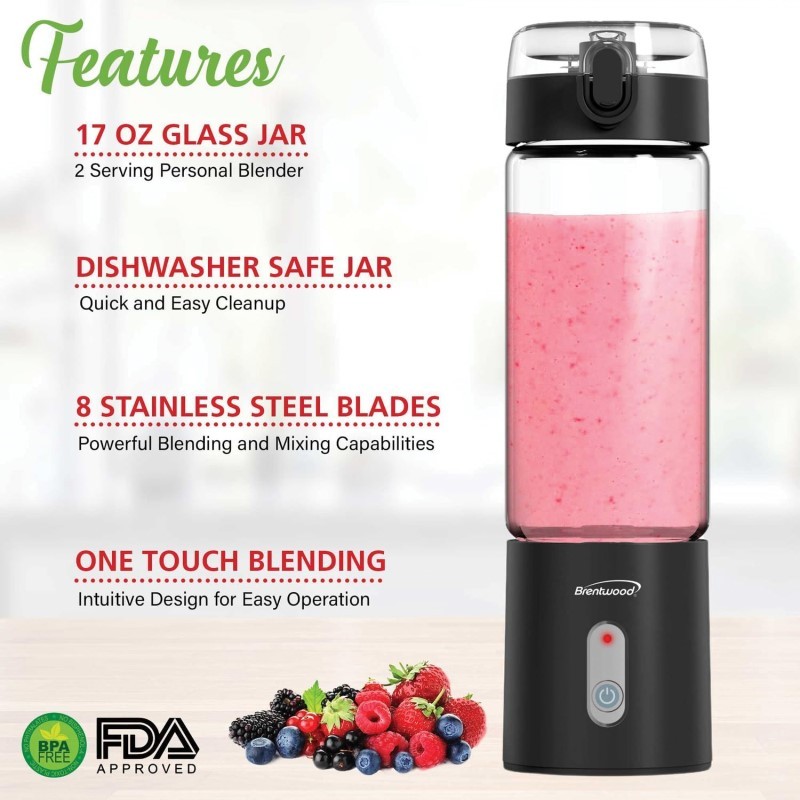 17Ounce Portable Glass Black Blender Battery Operated USB