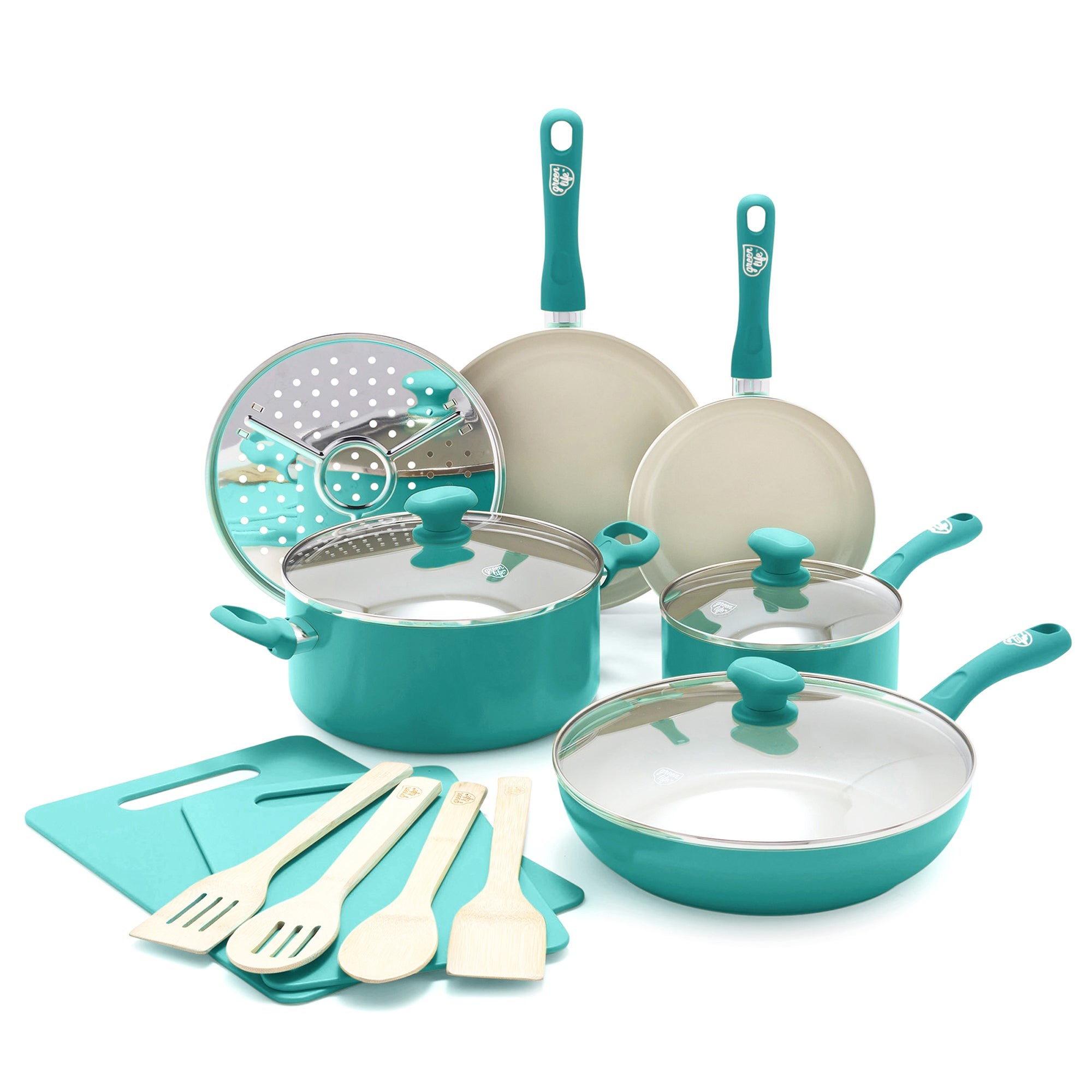 Sandstone 15pc Healthy Ceramic Nonstick Cookware Set Turquoise