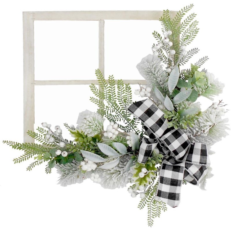 24-inch Square Window Frame Door Hanging with Greenery and Plaid Bow