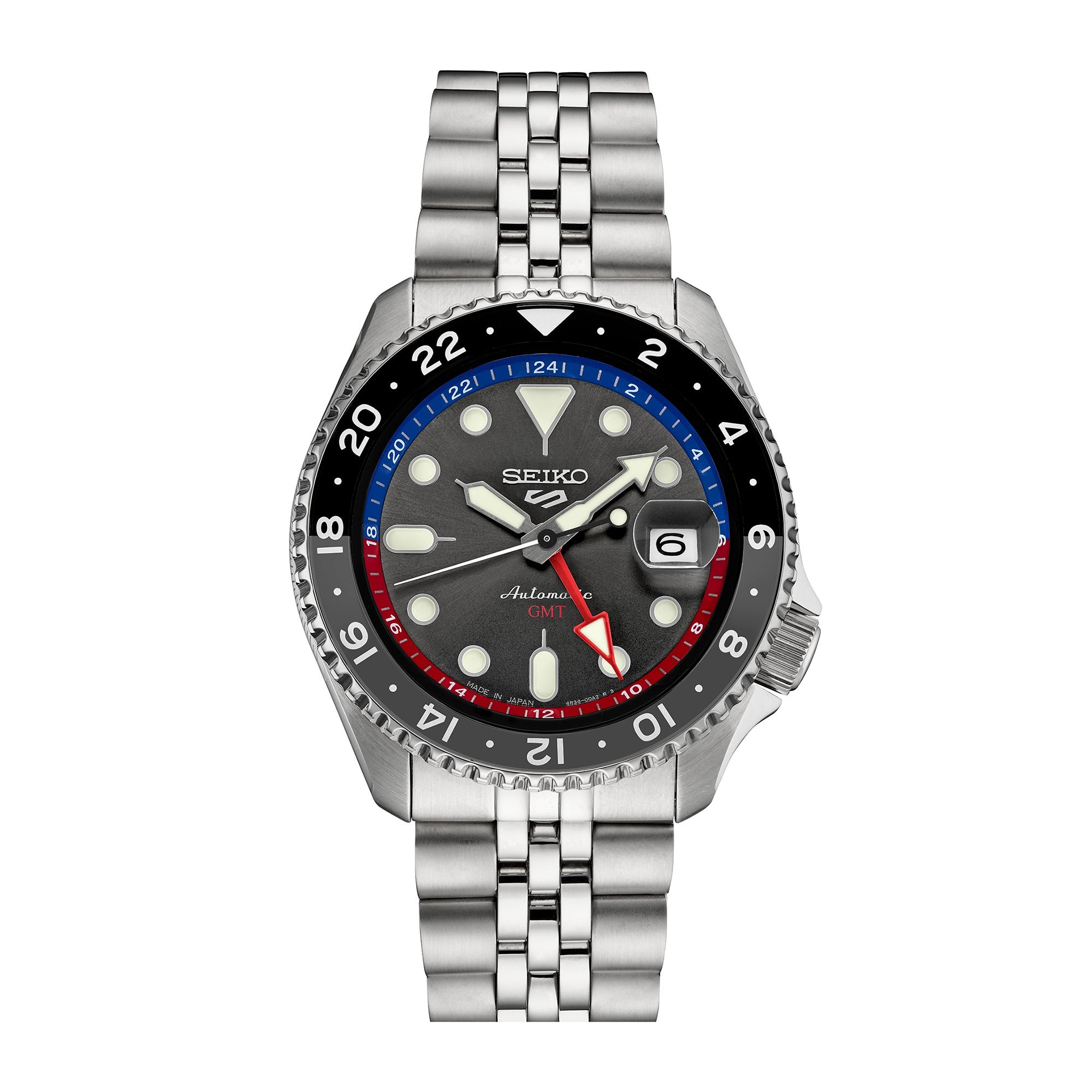 Men's Seiko 5 Sports SKX GMT U.S. Silver Watch, Gray Dial w/ Red and Blue Frame