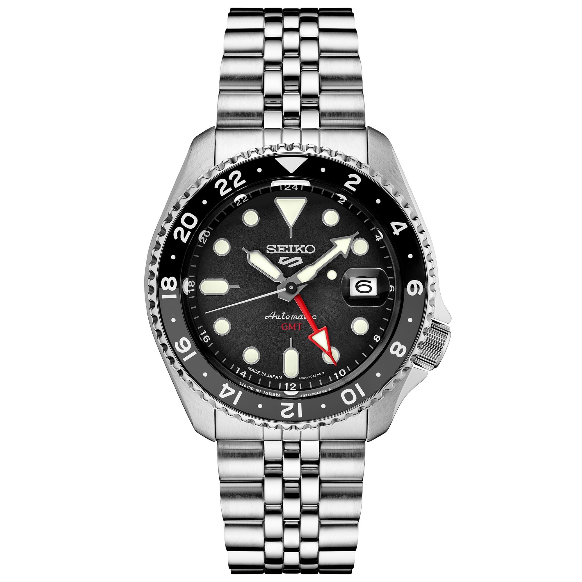 Mens Seiko 5 Sport SKX GMT Series Silver-Tone Watch Black Dial