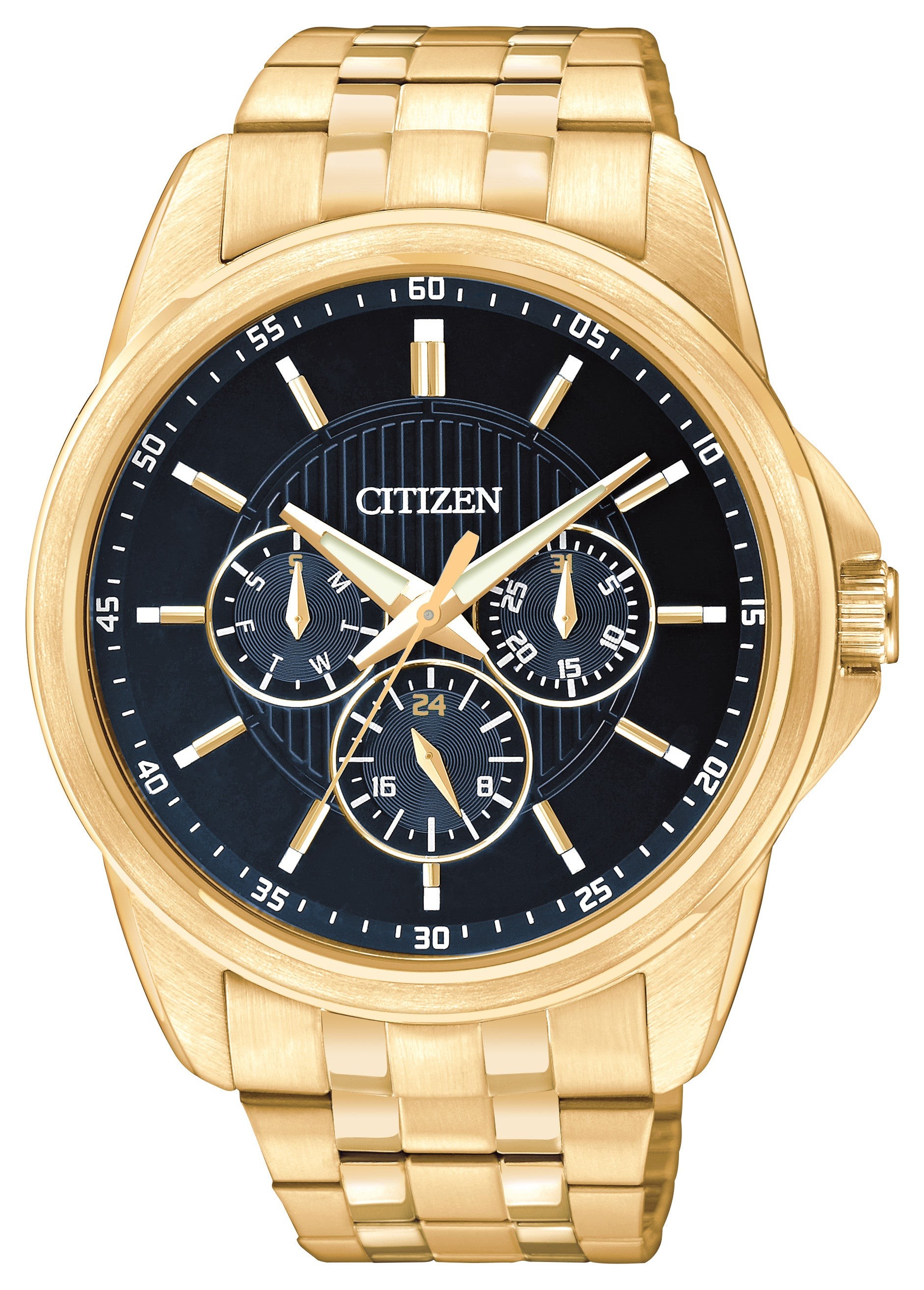 Mens Gold-Tone Stainless Steel Chronograph Watch Black Dial