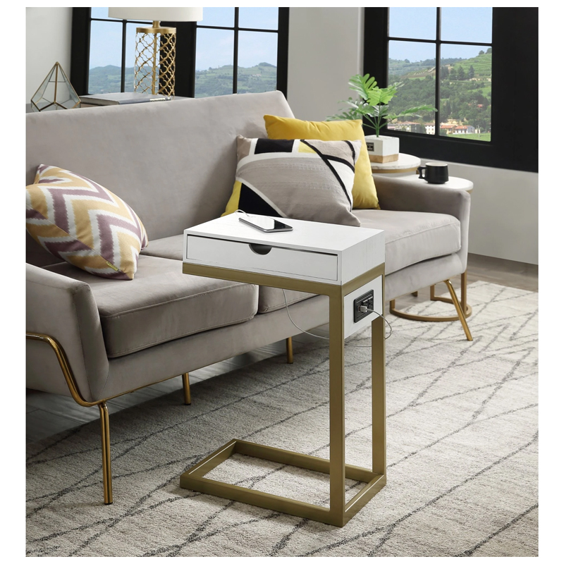 Adorna Gold Base C Table with Drawer Includes USB and Plug - (White Gold)