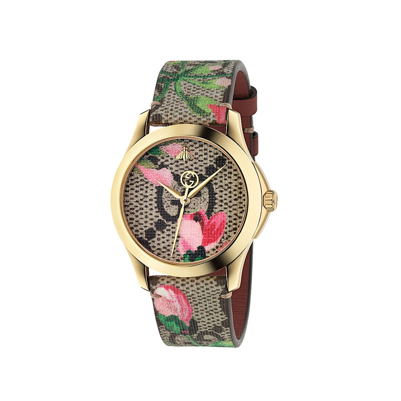 Ladies GG Supreme Canvas Dial with Pink Blooms Print Watch