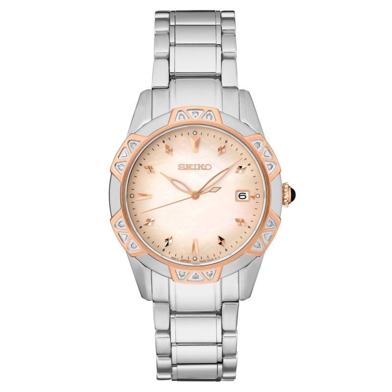Ladies Diamond Two Tone Stainless Steel Watch with Mother of Pearl Dial - (Rose Gold)