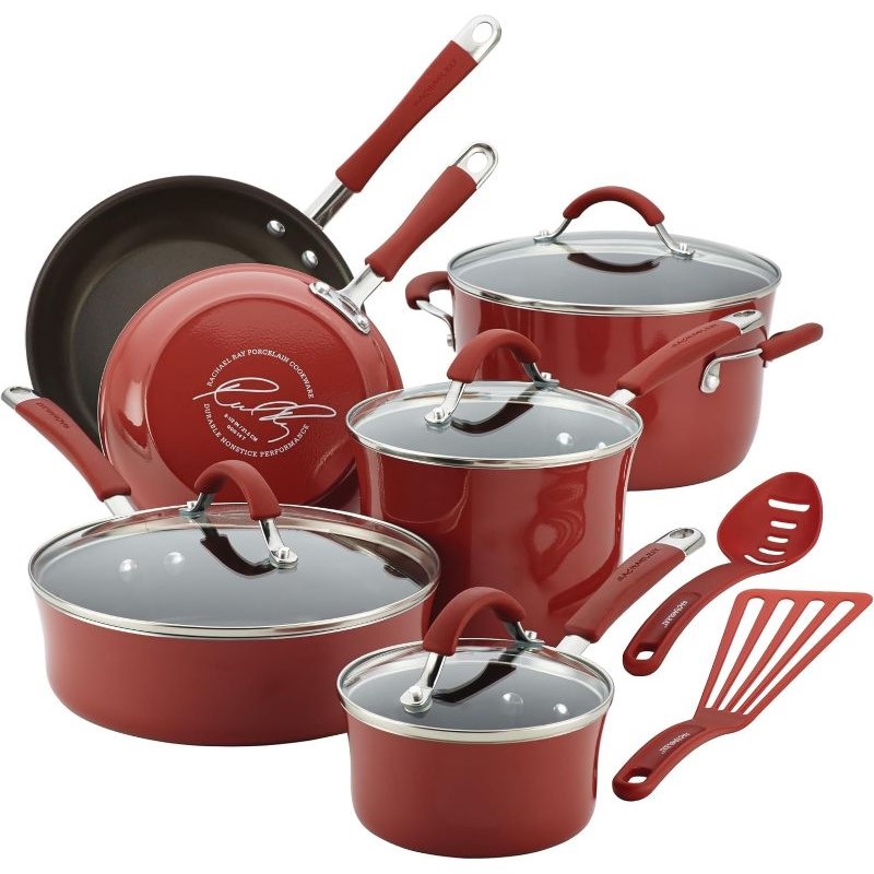 12 - Piece Cucina Hard Porcelain Enamel Nonstick Cookware Set - (Cranberry Red)