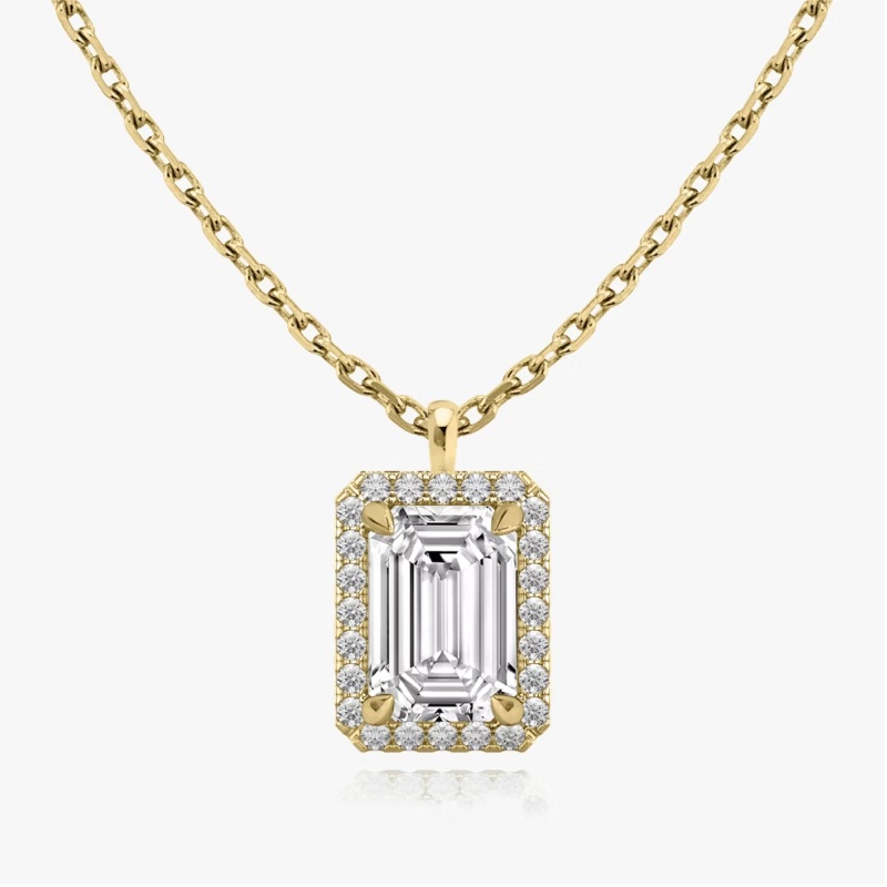 Emerald Halo Necklace in 14K Yellow Gold