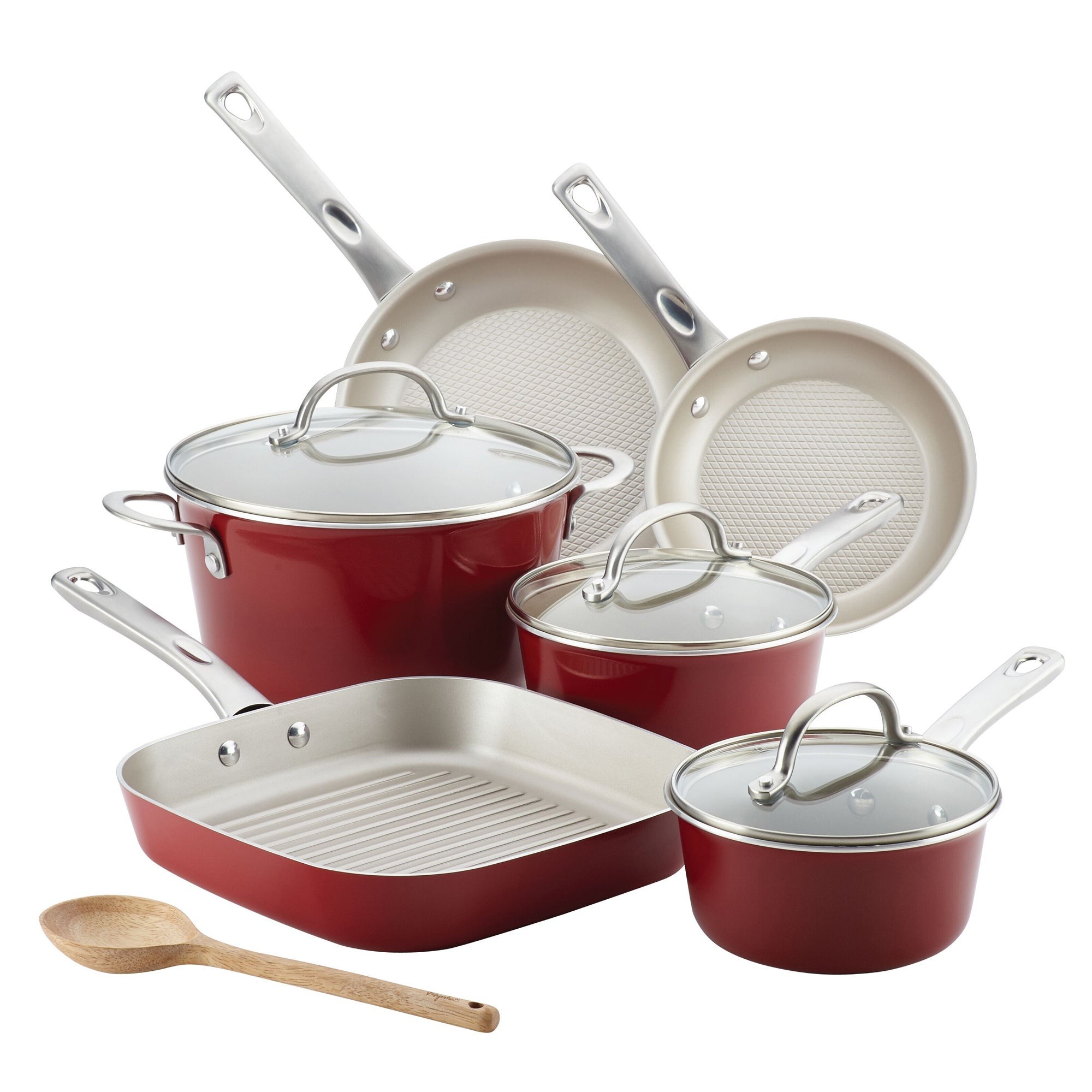 10pc Home Collection Porcelain Enamel Nonstick Cookware Set Sienna Red
