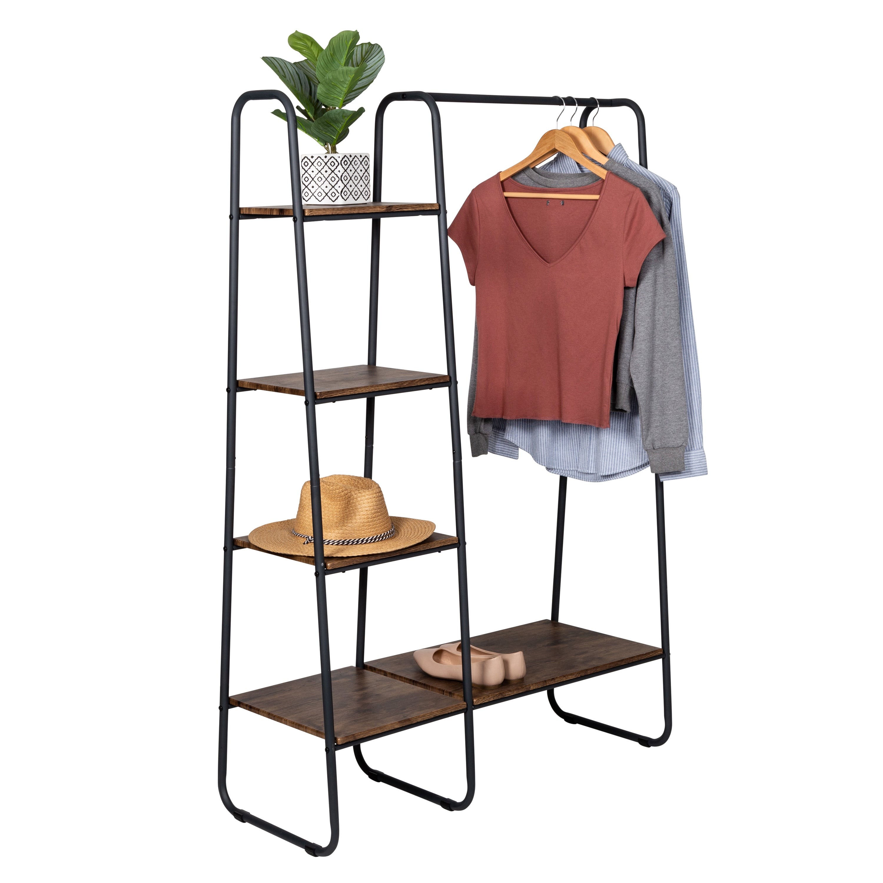 Freestanding Metal Clothing Rack w/ Wood Shelves Black/Natural
