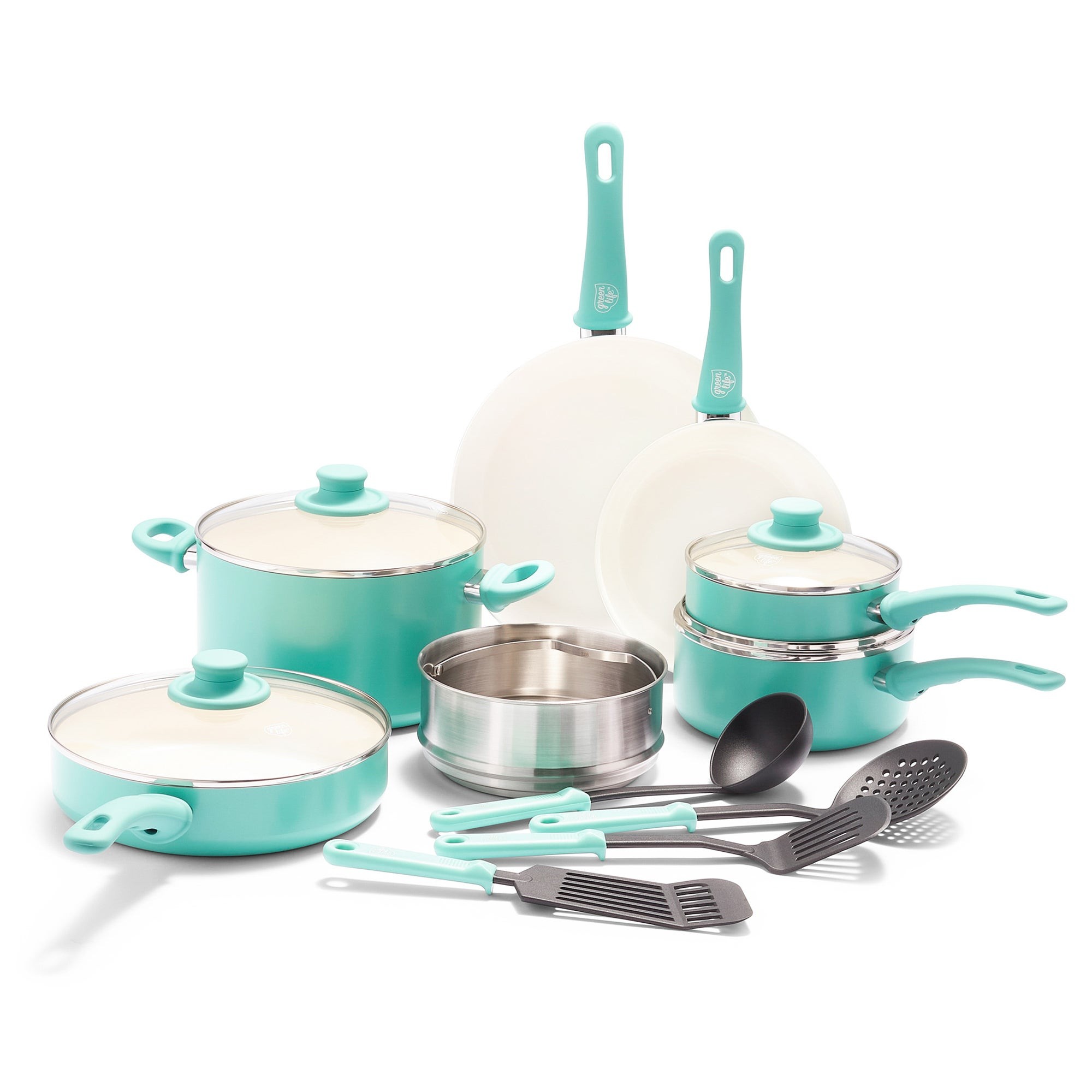 15pc Soft Grip Healthy Ceramic NS Cookware Set Turquoise