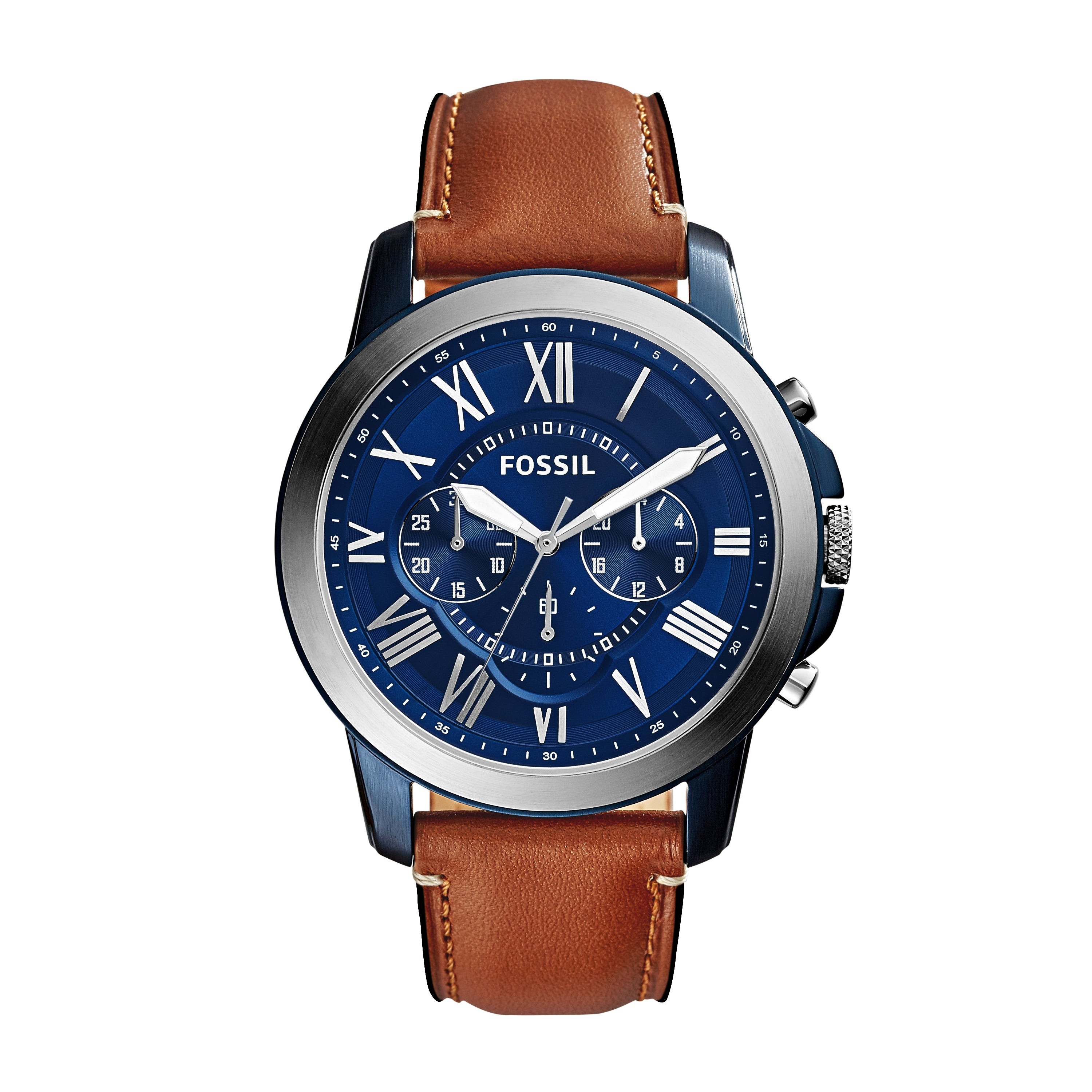 Mens Grant Chronograph Brown Leather Strap Watch Blue Dial