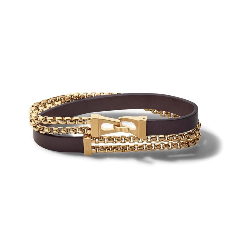 Double Wrap Bracelet: Goldtone Chain and Brown Leather - Large