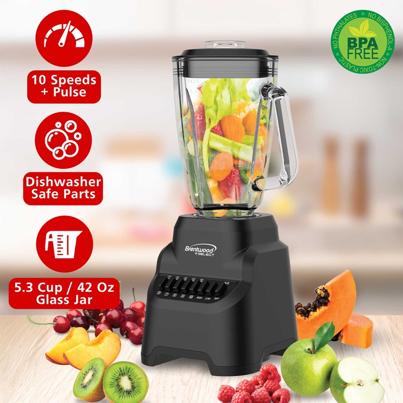 10-Speed Countertop Blender 5.3 Cup Glass Jar Black