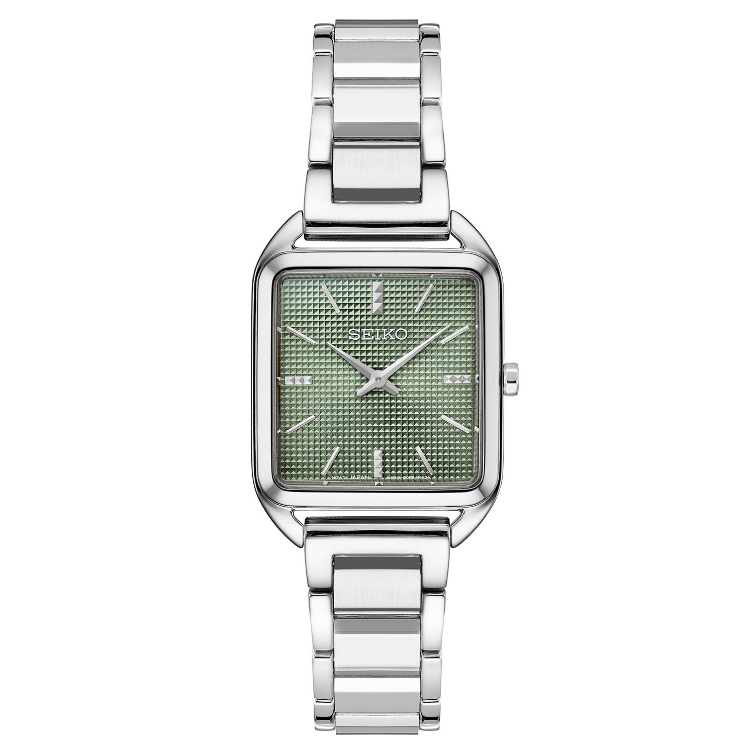 Ladies Essentials Square Silver-Tone Stainless Steel Watch Olive Green Dial