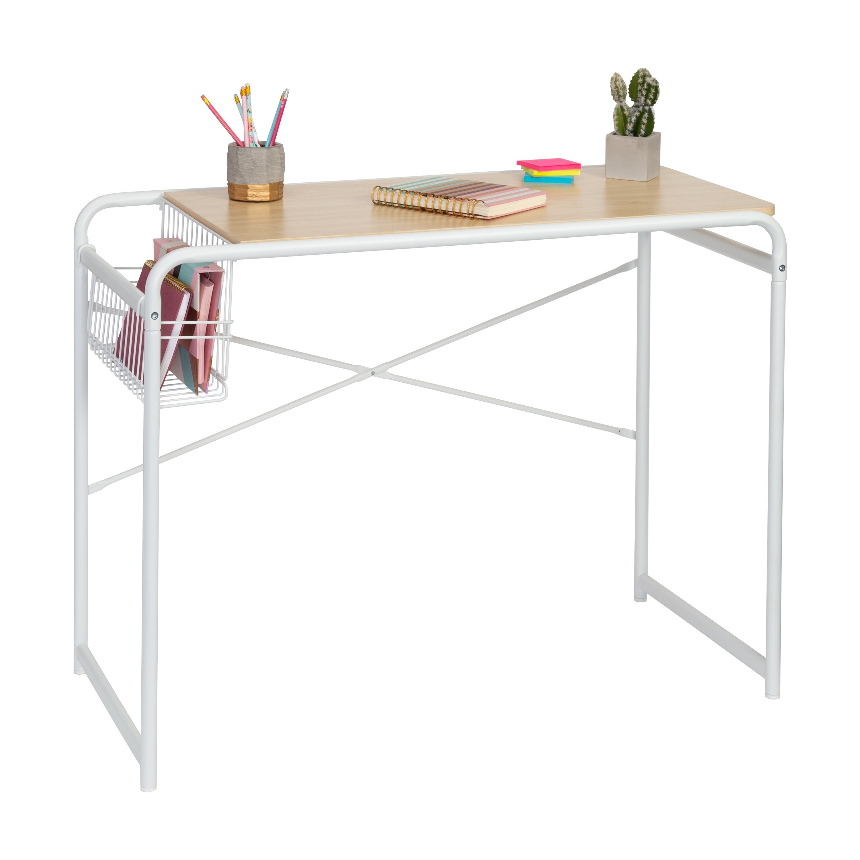 Home Office Computer Desk w/ Side Basket White