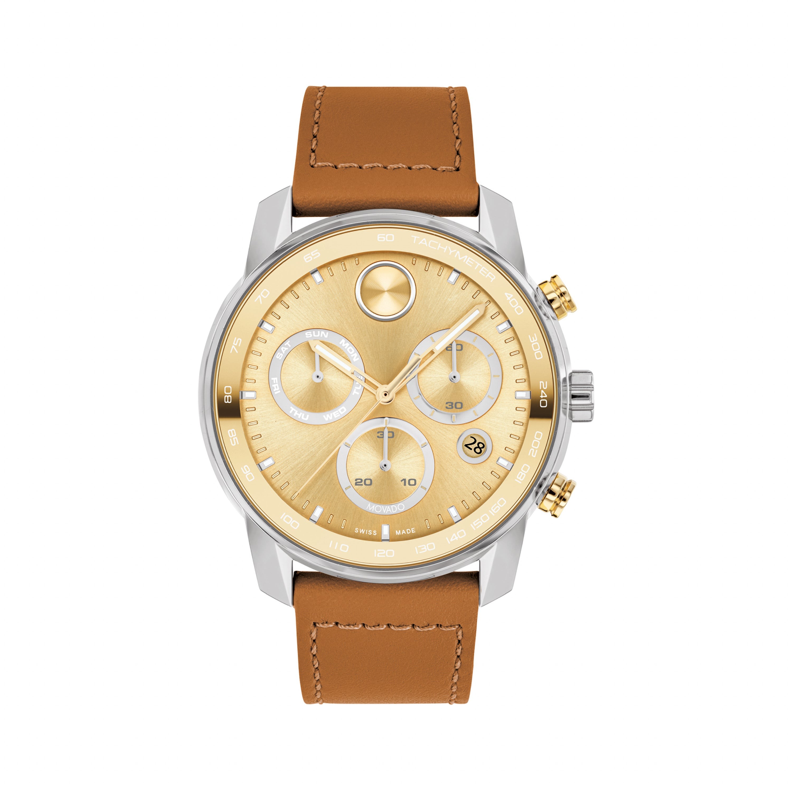 Mens BOLD Verso Chronograph Camel Leather Strap Watch Gold Dial