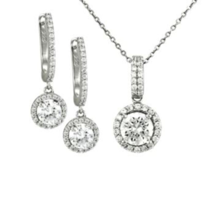 Sterling Silver Round Halo Drop Earrings and Necklace Set