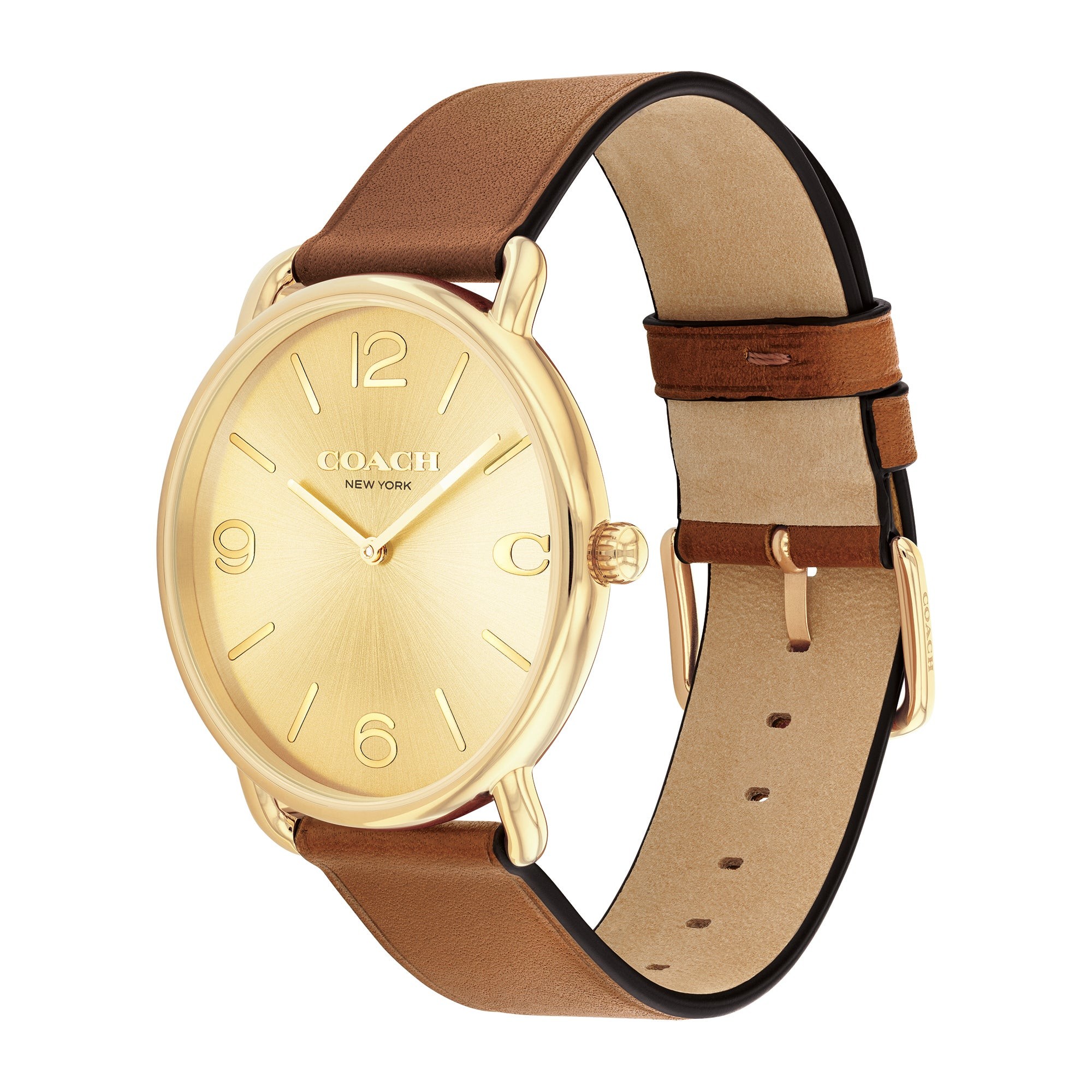 Mens' Elliot Gold & Brown Leather Strap Watch, Gold Dial