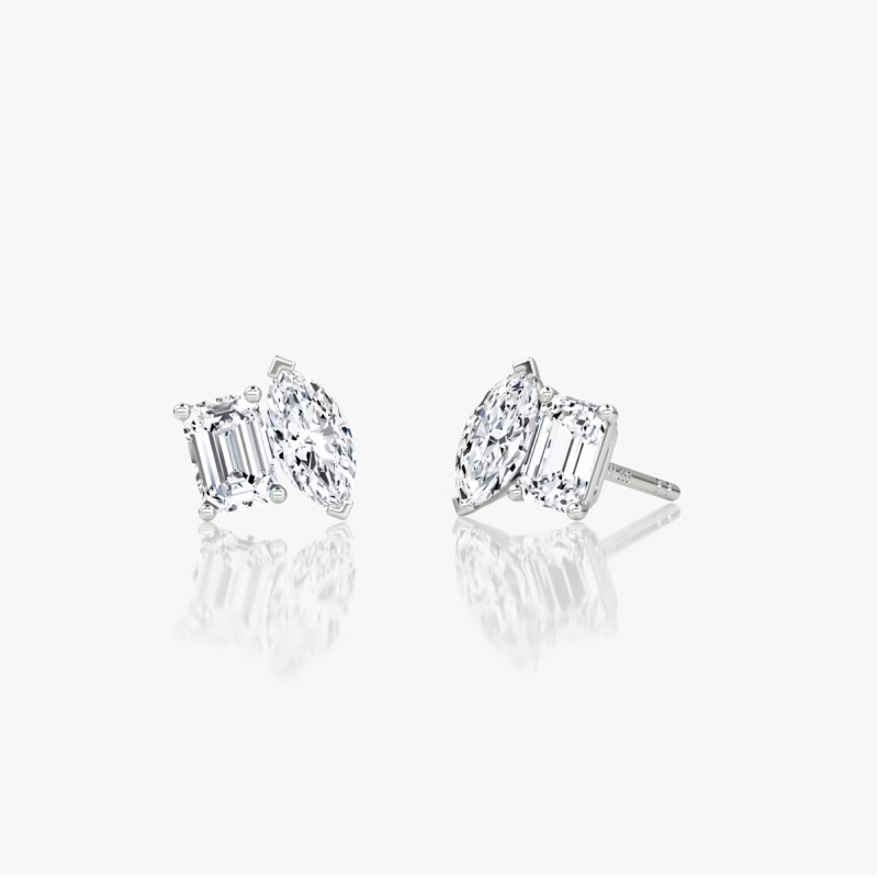 Emerald & Marquise Earrings in 14K White Gold