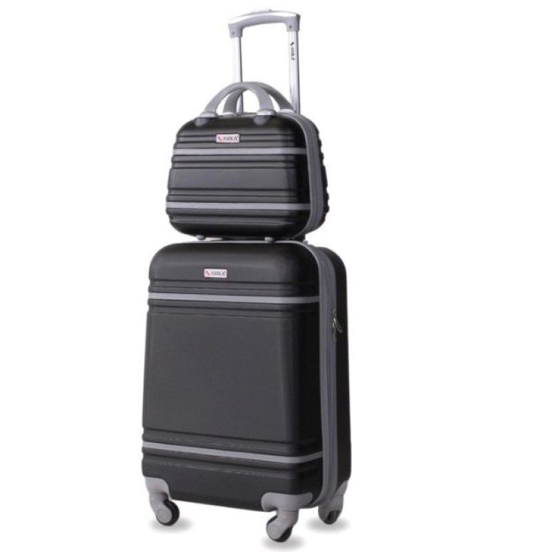 AMKA Varsity 2 piece Carry On Cosmetic Luggage Set in Black Grey
